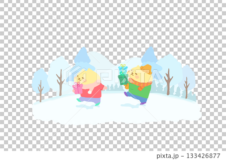 手繪插圖,一隻可愛的貓咪叼著禮物散步。 手繪插圖,一隻可愛的貓咪叼著禮物散步。 133426877