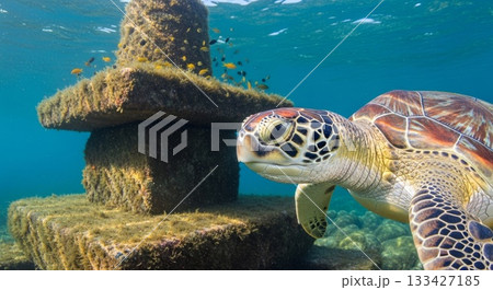 Green sea turtle swimming near coral-encrusted shipwreck anchor with tropical fish in clear blue ocean waters 133427185