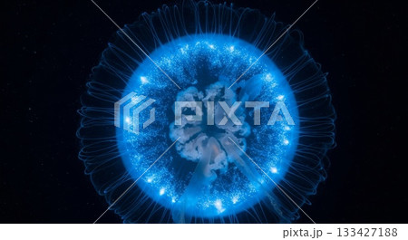 Luminous blue jellyfish with translucent bell and flowing tentacles swimming in deep dark ocean waters with bioluminescent glow effects Luminous blue jellyfish with translucent bell and flowing tentacles swimming in deep dark ocean waters with bioluminescent glow effects 133427188