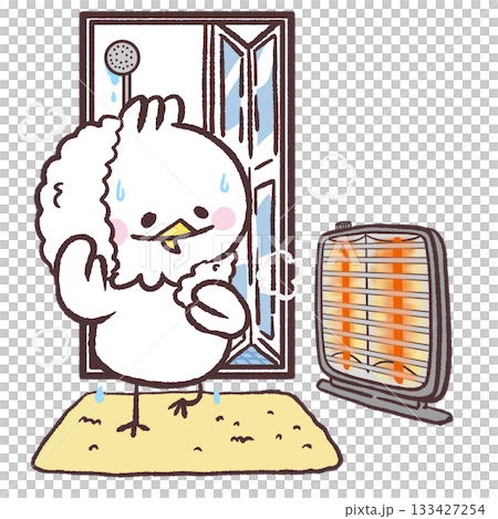 おフロ上がりにストーブで脱衣所暖めている白い鳥のイラスト おフロ上がりにストーブで脱衣所暖めている白い鳥のイラスト 133427254