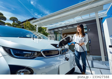 自宅のカーポートで電気自動車(EV)に充電プラグを差し込む笑顔の女性(スマートハウス) 自宅のカーポートで電気自動車(EV)に充電プラグを差し込む笑顔の女性(スマートハウス) 133427388
