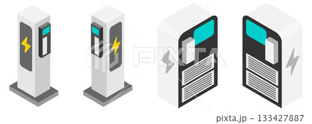 EV充電スタンド、充電ステーションのアイソメトリックイラスト。ベクターイラスト。バリーエーションあり EV充電スタンド、充電ステーションのアイソメトリックイラスト。ベクターイラスト。バリーエーションあり 133427887