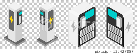 Isometric illustration of an EV charging stand, charging station. Vector illustration. Variations available. 133427887