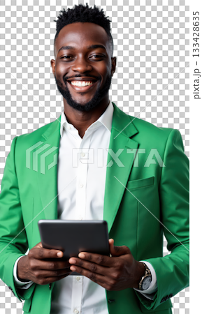 Businessman Green Jacket. A young Black man with short hair and a beard, wearing a bright green blazer over Businessman Green Jacket. A young Black man with short hair and a beard, wearing a bright green blazer over 133428635