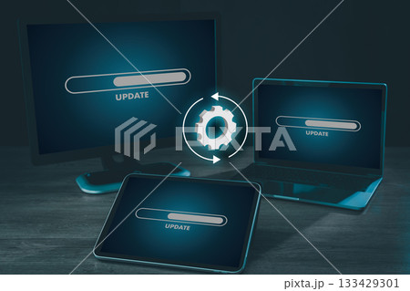 Updating software update system man progress bar update progress on laptop update upgrade technology process installation 133429301