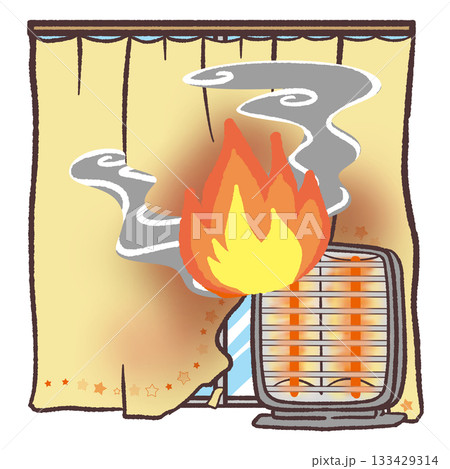 電気ストーブからカーテンに引火するイラスト 133429314