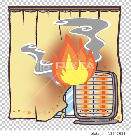 電気ストーブからカーテンに引火するイラスト 133429314