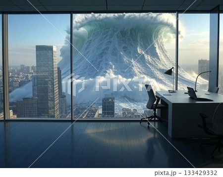 高層ビルのガラス張りのオフィスから見る津波 133429332