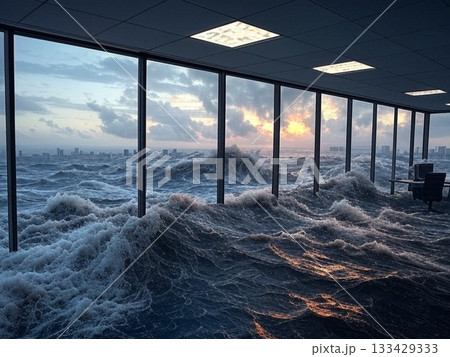 高層ビルのオフィスが洪水に飲まれる風景 133429333