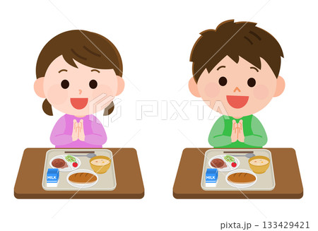 給食を食べる男の子と女の子　イラスト 133429421