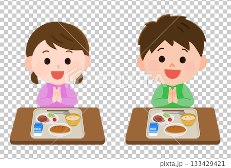 男孩和女孩吃學校午餐的插圖 133429421