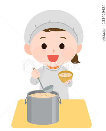 給食当番でシチューを盛り付ける女の子 イラスト 給食当番でシチューを盛り付ける女の子 イラスト 133429424