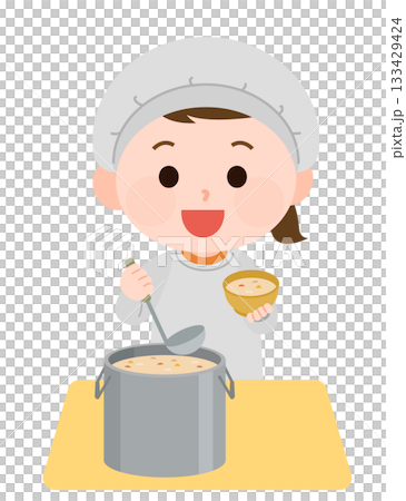 Illustration of a girl serving stew on lunch duty 133429424