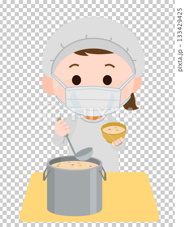 戴著口罩的女孩在午餐時間負責盛燉菜(插圖) 戴著口罩的女孩在午餐時間負責盛燉菜(插圖) 133429425