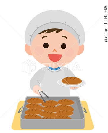 給食当番でパンを盛り付ける男の子 イラスト 給食当番でパンを盛り付ける男の子 イラスト 133429426