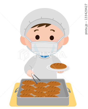 給食当番でパンを盛り付ける男の子　マスク装着　イラスト 133429427