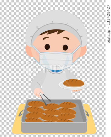 給食当番でパンを盛り付ける男の子　マスク装着　イラスト 133429427