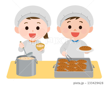 給食当番で盛り付ける女の子と女の子　イラスト 133429428