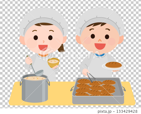 給食当番で盛り付ける女の子と女の子　イラスト 133429428