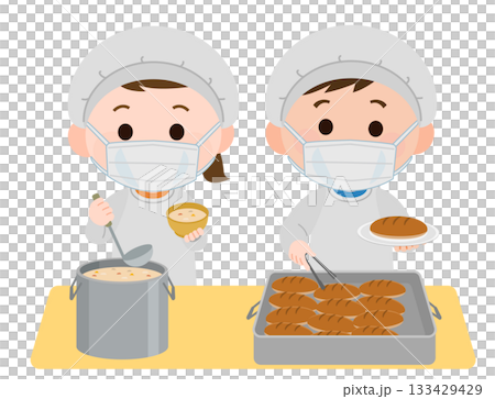 Girls and girls serving food on school lunch duty wearing masks illustration Girls and girls serving food on school lunch duty wearing masks illustration 133429429