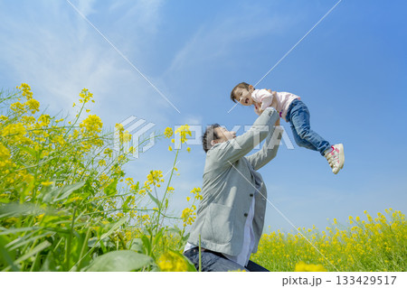 菜の花の咲く遊歩道で娘を掲げる父親 133429517