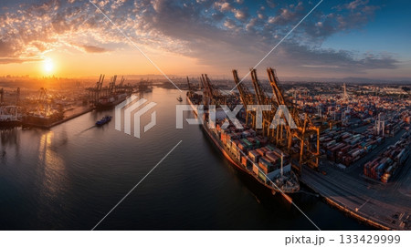 Panoramic View of Cargo Terminal at Golden Hour with Cranes and Ships 133429999