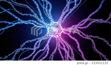 青く発光する神経細胞の結合とネットワーク・医療と科学の抽象背景 青く発光する神経細胞の結合とネットワーク・医療と科学の抽象背景 133431132