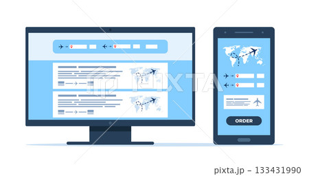 Flight search website on a computer screen and phone screen. Avia sale app aggregator for buying tickets online. Search bar and results, flight options. Travel, journey, business trip. Vector Flight search website on a computer screen and phone screen. Avia sale app aggregator for buying tickets online. Search bar and results, flight options. Travel, journey, business trip. Vector 133431990