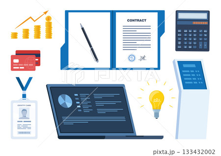 Set of office icons, business work, money and finance concept. Job and work collection. Chair, folder, contract, terminal, card, target, idea. Vector illustration. Set of office icons, business work, money and finance concept. Job and work collection. Chair, folder, contract, terminal, card, target, idea. Vector illustration. 133432002