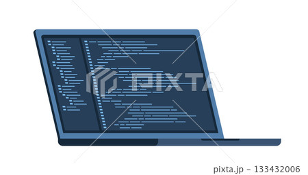 Laptop with cup of coffee. Workplace of coder, online programmer. Coding and programming, developing sites using special language. Vector illustration. 133432006