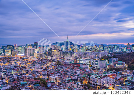 Seoul, South Korea  - 21 Nov 2025 : Night View of downtown cityscape and Seoul tower in Seoul, South Korea 133432348