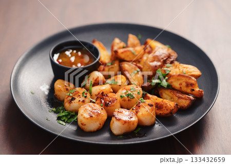 Seared scallops fith roasted potatoes on black plate closeup 133432659