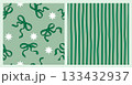 Whimsical Coquette seamless pattern set. Green Ribbon Bow and stars. Pretty Girly bows with White stars on Pastel green background. Trendy feminine art for textile, fabric, wallpaper, wrapping. 133432937
