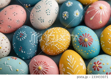 Colorful Decorated Easter Eggs Close-Up Colorful Decorated Easter Eggs Close-Up 133433071