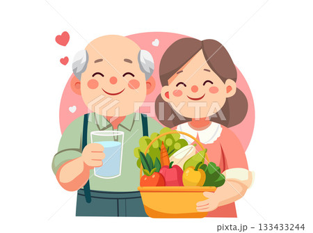 llustration Happy Elderly Couple with Healthy Vegetables llustration Happy Elderly Couple with Healthy Vegetables 133433244