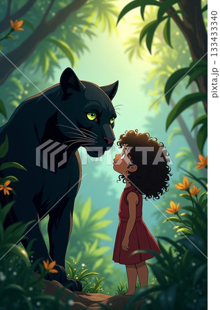 ジャングルの黒ヒョウと女の子 133433340