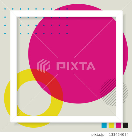 3D white square frame with various geometric shape CMYK colors overlap transparent on gray background graphic illustration. 3D white square frame with various geometric shape CMYK colors overlap transparent on gray background graphic illustration. 133434054