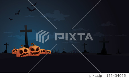 Minimalist graveyard landscape in Halloween night with pumpkins, bats and silhouette cross graphic illustration. Flyer or invitation template for Halloween party with blank space. 133434066