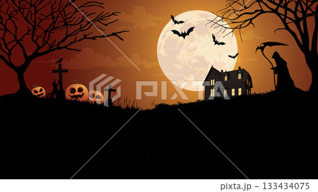 Graveyard hill landscape in Halloween night with pumpkins, bats, crow, silhouette dead tree, Haunted mansion, angle of death crucifix and full moon graphic illustration. Graveyard hill landscape in Halloween night with pumpkins, bats, crow, silhouette dead tree, Haunted mansion, angle of death crucifix and full moon graphic illustration. 133434075