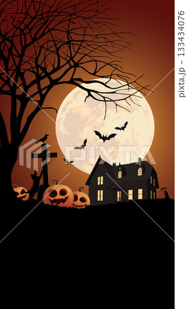 Graveyard hill landscape in Halloween night vertical template with pumpkins, bats, crow, silhouette dead tree, Haunted mansion, angle of death crucifix and full moon graphic illustration. 133434076