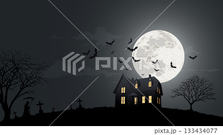 Silhouette haunted mansion on the hill with graveyard, dead tree, bats, full moon and angle of death have night sky background graphic illustration. 133434077