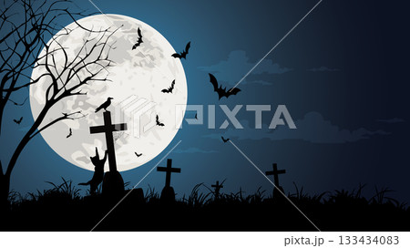 Silhouette graveyard landscape with dead tree, cat, crow, bats and full moon on night sky background graphic illustration have blank space. 133434083