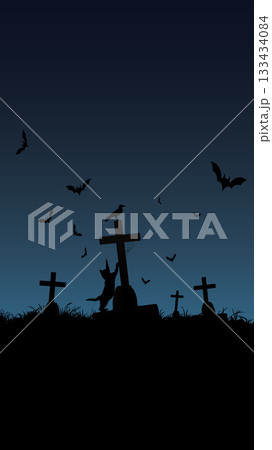 Silhouette cat tries to climb up and catch a crow that is perched on the top of the cross of a grave with night sky vertical background have blank space. Silhouette cat tries to climb up and catch a crow that is perched on the top of the cross of a grave with night sky vertical background have blank space. 133434084