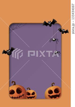 3D rounded rectangle purple frame paper cut style vertical orange background with Halloween elements graphic illustration have blank space. 133434087