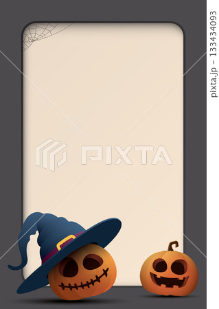 3D rounded vertical rectangle frame paper cut style background with pumpkin Jack-O'-Lantern wearing witch Hat and spider webs graphic illustration have blank space. 133434093