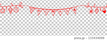 Header seamless pattern for Christmas and New Year festival with cute doodle wreath, holly, plants, ornaments and festive decorations in red color tone on a transparent background. 133434099