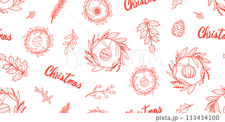 Seamless pattern for Christmas and New Year festival with cute doodle wreath, holly, plants, ornaments and festive decorations in red color tone on a transparent background. 133434100