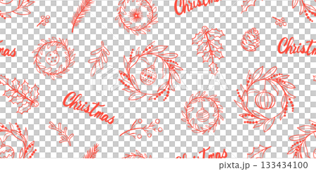 Seamless pattern for Christmas and New Year festival with cute doodle wreath, holly, plants, ornaments and festive decorations in red color tone on a transparent background. 133434100