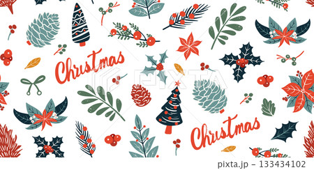 Seamless pattern for Christmas and New Year festival with Christmas trees, pinecones, holly and cute festive elements in red and green color tones on a transparent background. 133434102