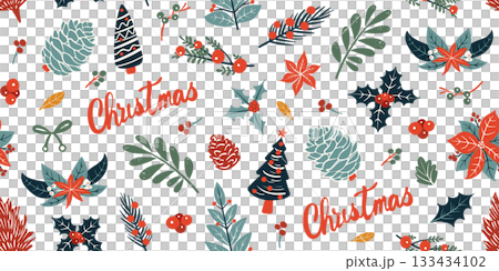 Seamless pattern for Christmas and New Year festival with Christmas trees, pinecones, holly and cute festive elements in red and green color tones on a transparent background. 133434102